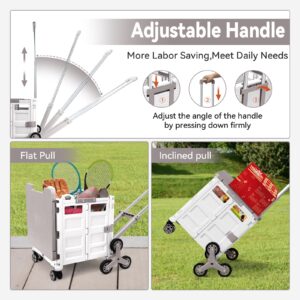 Foldable Utility Cart Portable Crate Rolling Dolly with Telescopic Handle,Can be Pulled diagonally, Magnetic Retractable Lid, 360°Swivel Climbing Wheels for Shopping Carrying Groceries Move White