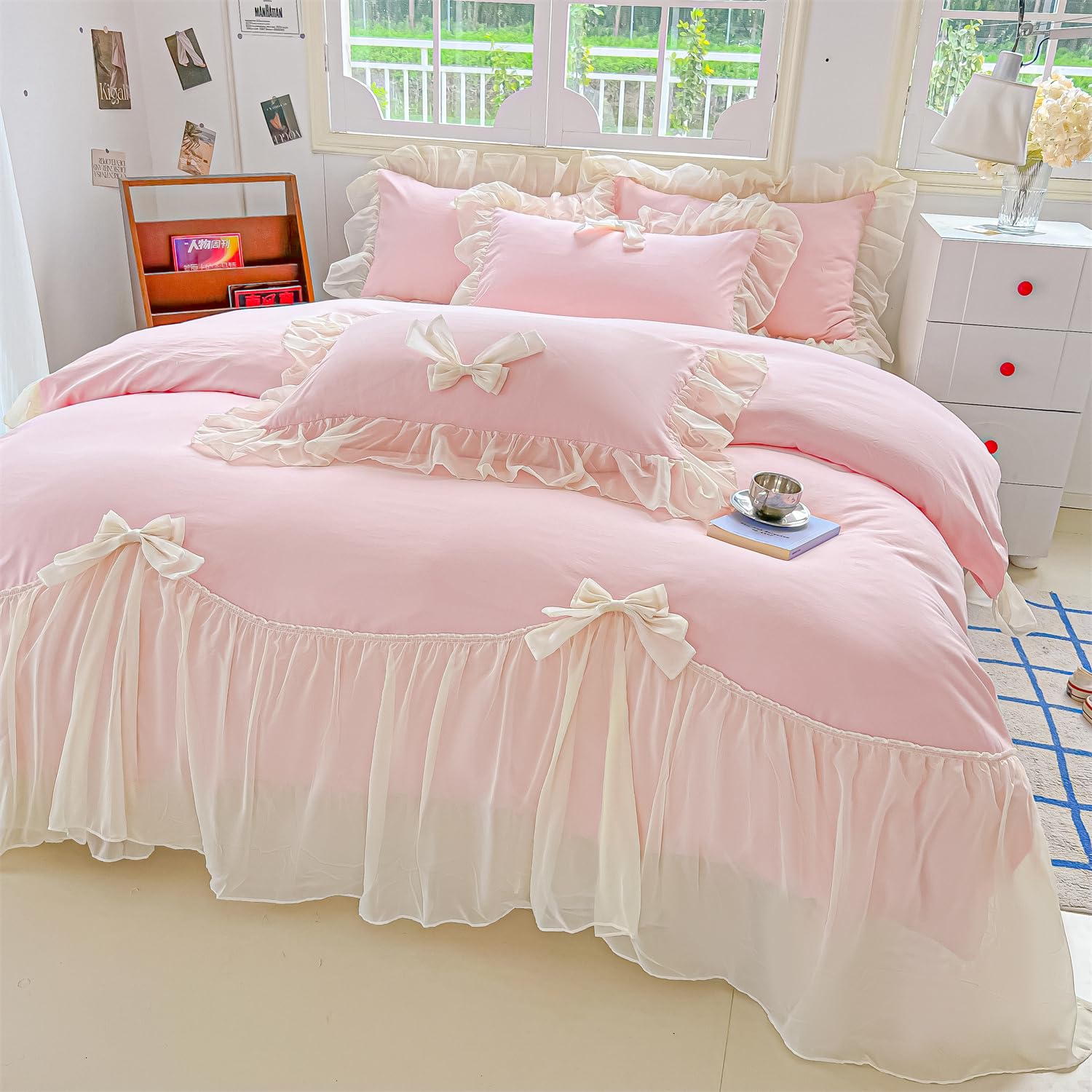 SOUKECHY Girls Lace Bedding,Queen Comforter Cover Set, Chic Ruffled Duvet Cover with Lovely Bow,Princess Style 1 Duvet Cover with 2 Pillowcases, No Comforter-Pink,Queen Size