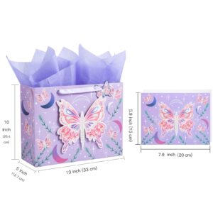 WRAPAHOLIC 13" Large Gift Bag with Card and Tissue Paper - Purple Butterfly Design for Birthday, Mother's day, Baby Shower, Party