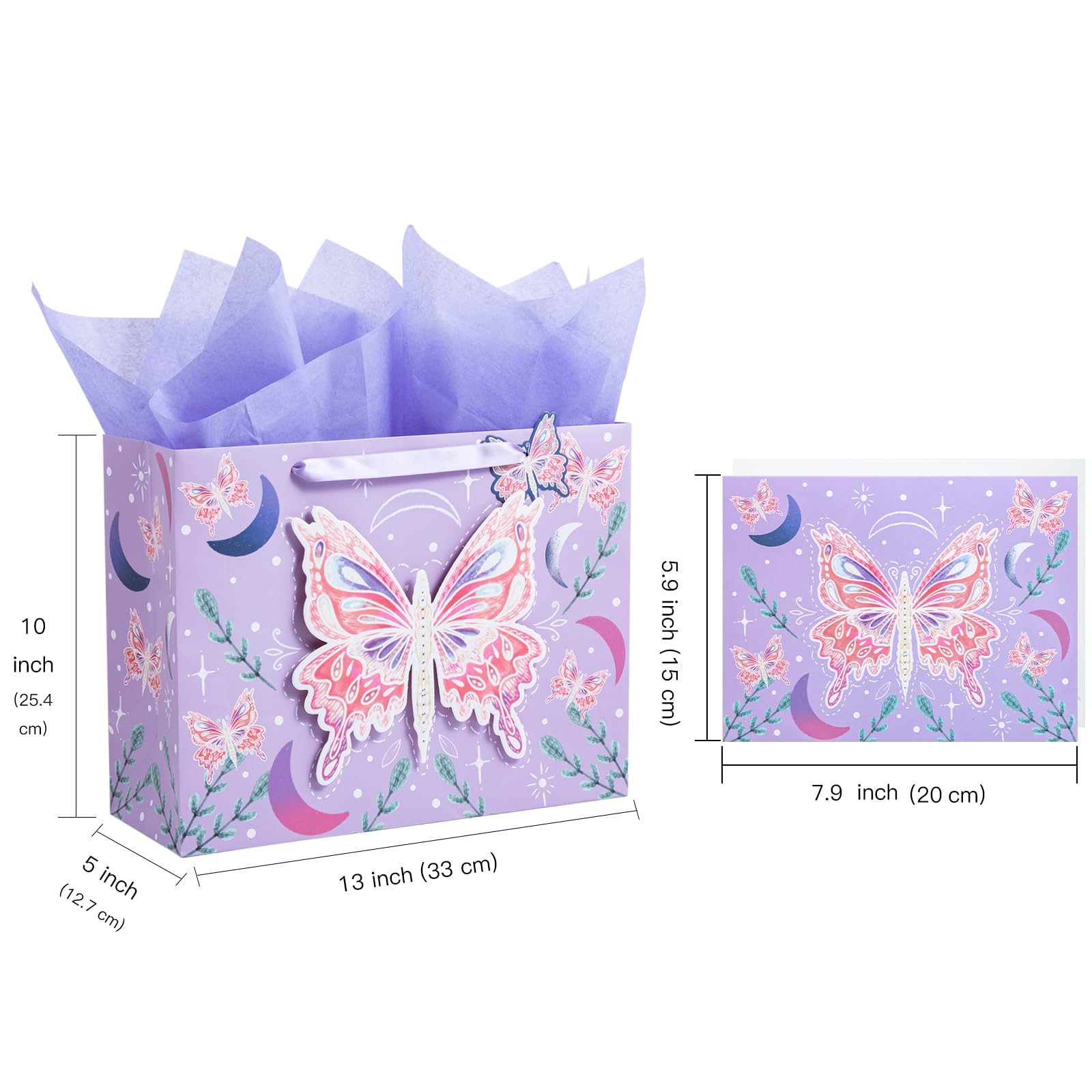 WRAPAHOLIC 13" Large Gift Bag with Card and Tissue Paper - Purple Butterfly Design for Birthday, Mother's day, Baby Shower, Party