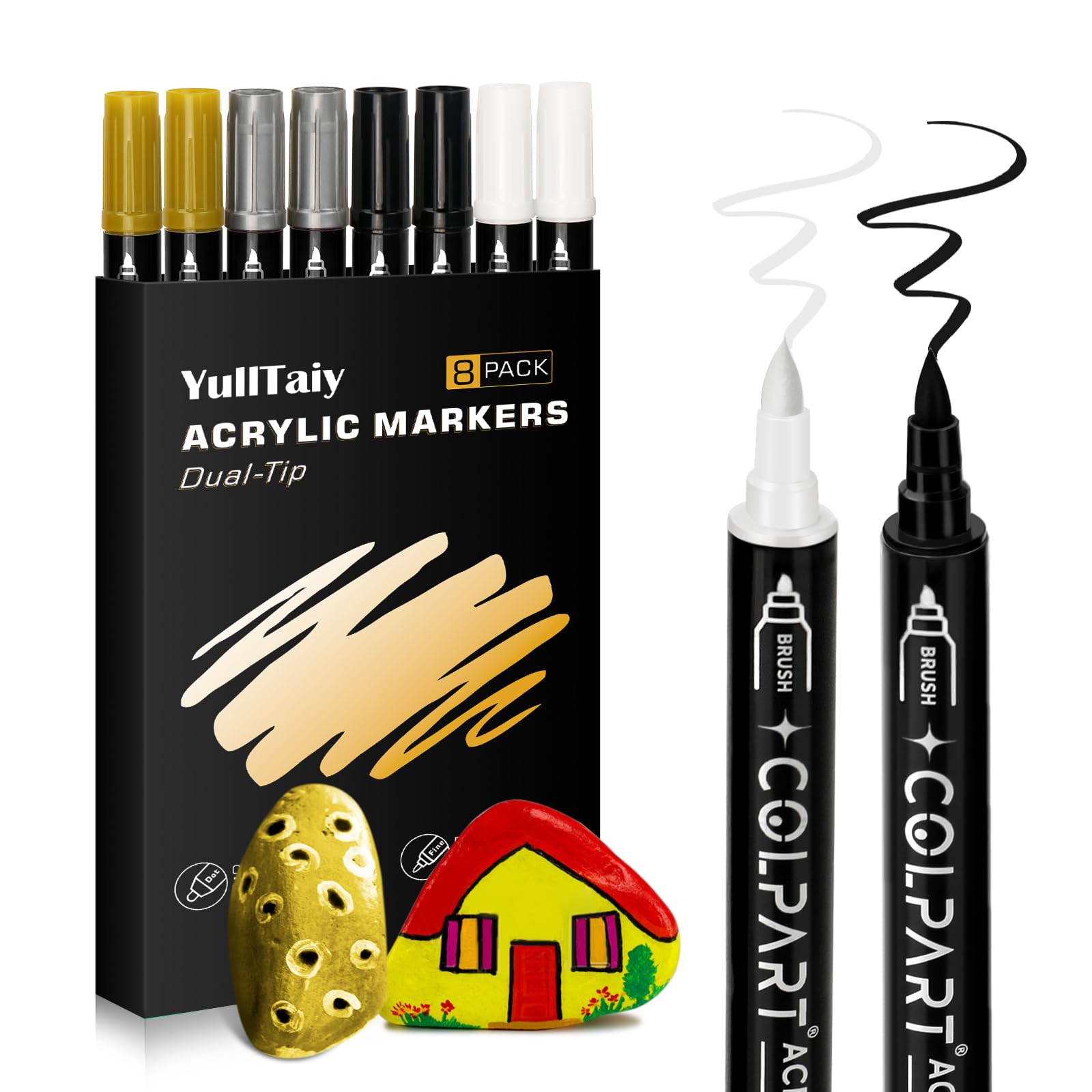 YullTaiy Dual Tip Acrylic Paint Pens Markers, 8 Pack Black White Silver Gold Paint Pens for Wood, Canvas, Stone, Rock Painting, Glass, Ceramic Surfaces, DIY Art Supplies (4 color)