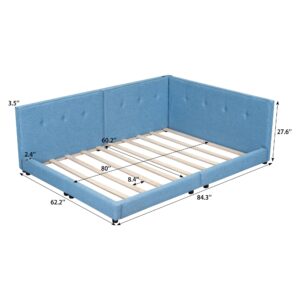 Merax Modern Upholstered Queen Size Platform Bed with USB Ports/Wood Slat Support/Queen,Blue