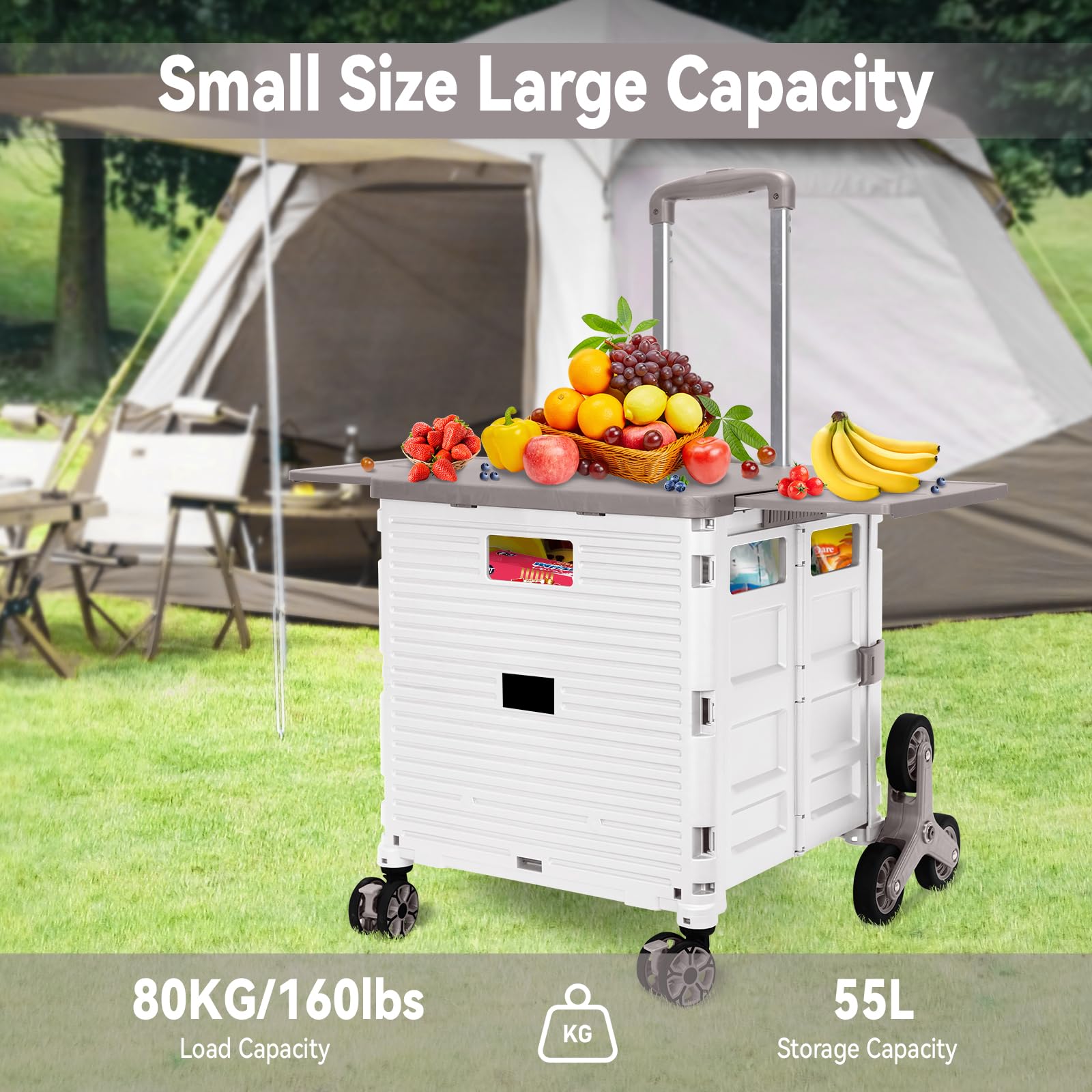 Foldable Utility Cart Portable Crate Rolling Dolly with Telescopic Handle,Can be Pulled diagonally, Magnetic Retractable Lid, 360°Swivel Climbing Wheels for Shopping Carrying Groceries Move White