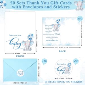 Zhanmai 50 Sets Baby Shower Thank You Cards Elephant Themed 50 Baby Shower Thank You Notes with 50 Envelopes and Stickers Baby Shower Card Baby Gift Boy Card for Baby Shower Gender Reveal Party (Blue)