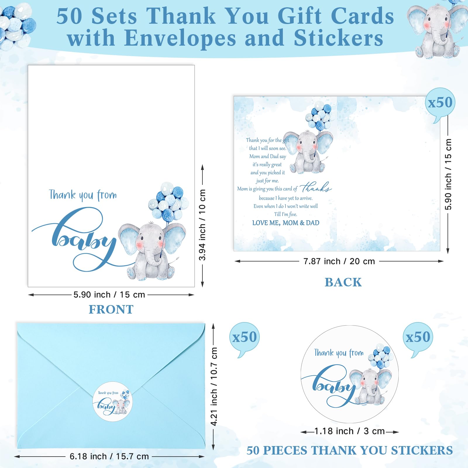 Zhanmai 50 Sets Baby Shower Thank You Cards Elephant Themed 50 Baby Shower Thank You Notes with 50 Envelopes and Stickers Baby Shower Card Baby Gift Boy Card for Baby Shower Gender Reveal Party (Blue)