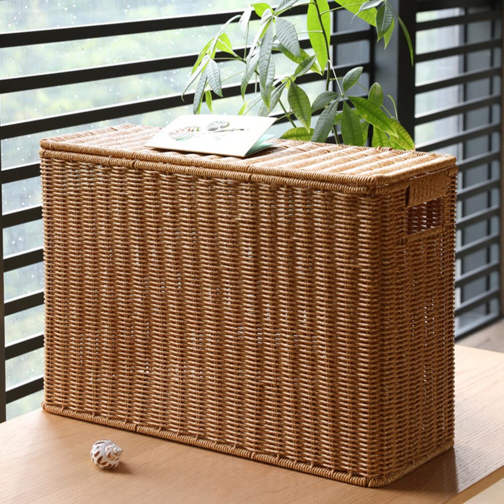 IMIKEYA Woven Wicker Basket Box with Lid Narrow Holder Woven Magazine Basket Rattan Toys Organizer Decorative Storage Bin for Home Office Closet Decor