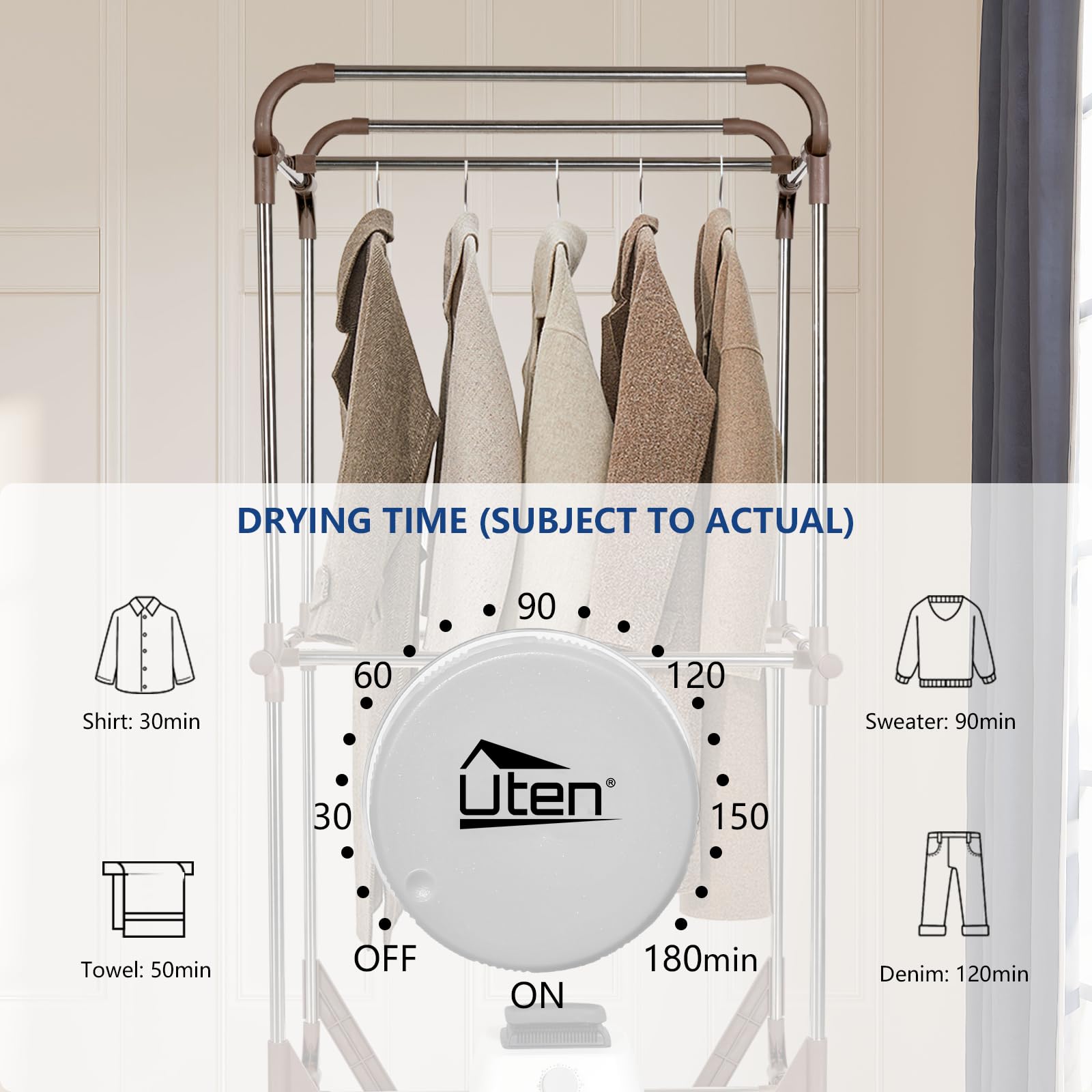 Uten Clothes Dryer, 1500W Power Electric Clothes Dryer Machine with Timer, 2-Tier Laundry Drying Wardrobe, Foldable Clothes Drying Rack and Dryer for Travel, Apartments, RV, Home