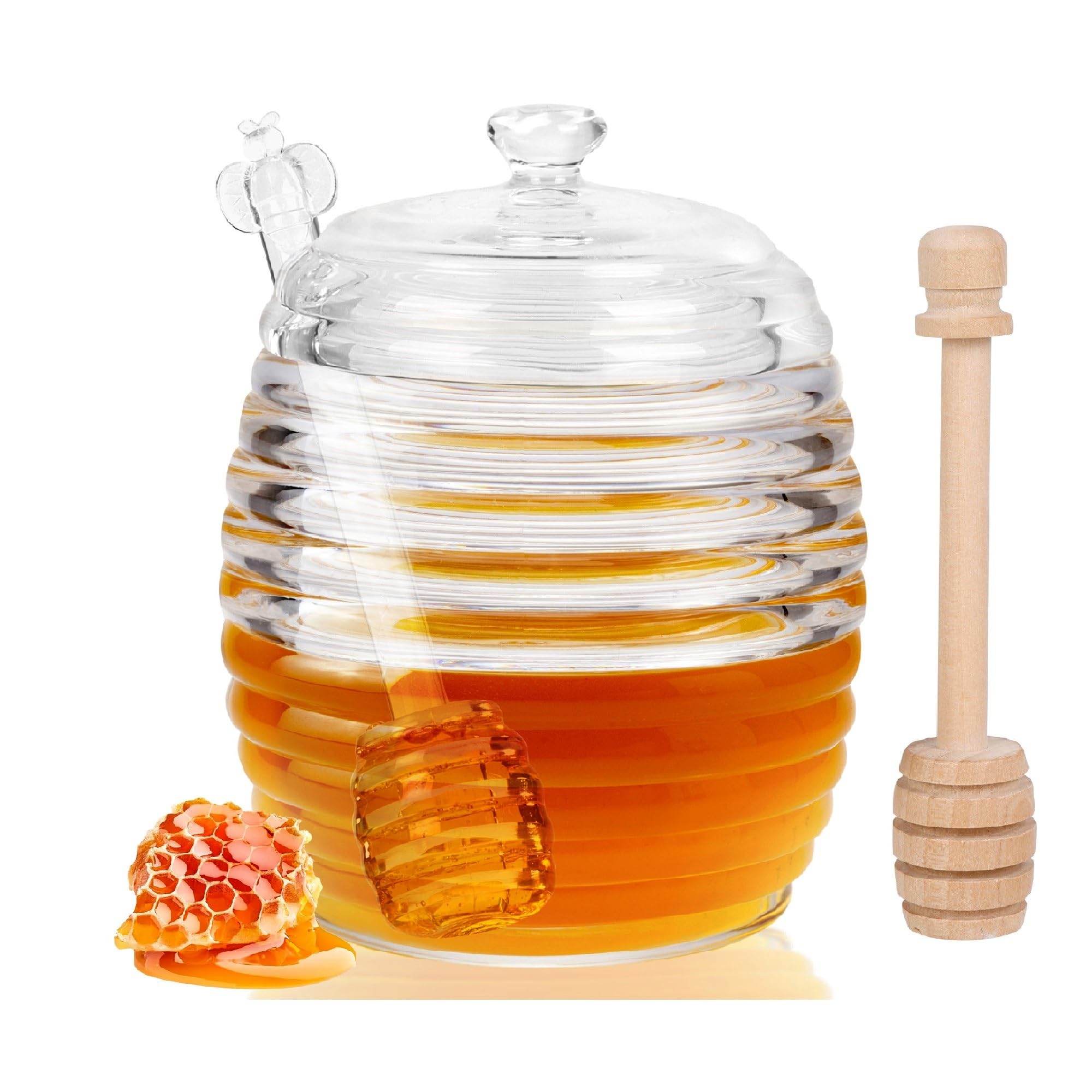 Loscarol Honey Jar with Dipper and Lid Glass Dispenser Honey Pot, 8 oz Honey Jar and 2 Honey Dippers Stick Set, for Home Kitchen Storing Honey and Syrup - Honey Containers