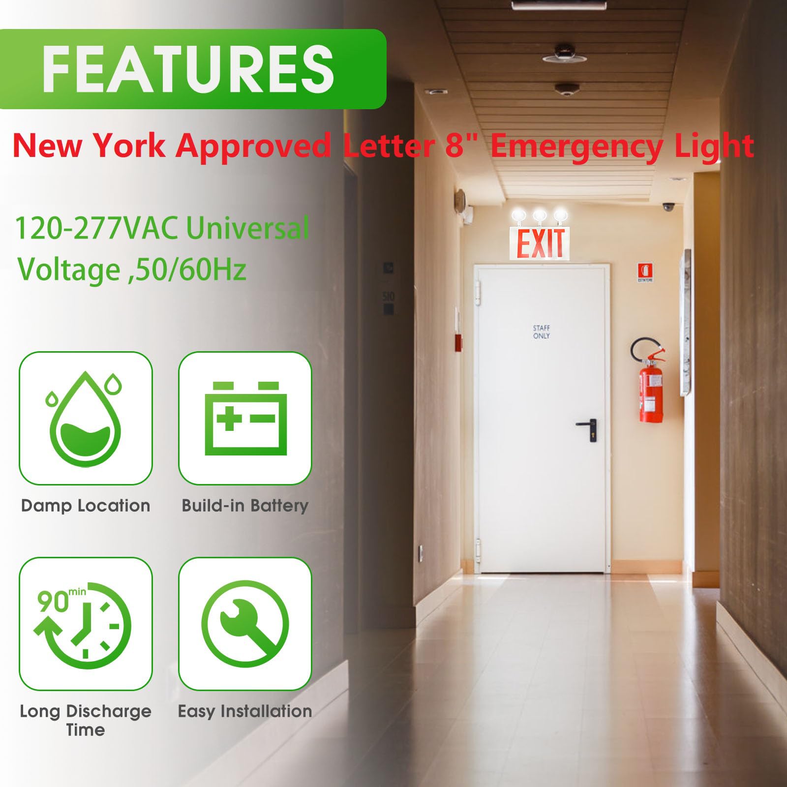 Garrini New York Approved Letter 8" Steel LED Emergency Light Exit Sign Combo Adjustable Lamps Heads, 120-277V, Single and Double Faces, Fire Resistant UL Certified NYC-2000 (3 Heads)