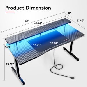 GTRACING 55 Inch Gaming Desk, Computer Gamer Desk with Monitor Stand, Ergonomic Carbon Fiber Surface Gaming Table with Power Outlet and Mouse Pad for Home Office, RGB