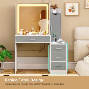 usikey Makeup Vanity Desk, Makeup Vanity Table with Sliding LED Lighted Mirror, Vanity Table with 4 Drawers & Cabinet, 3 Lighting Modes & Brightness Adjustable, Bedroom Dressing Table, White and Grey