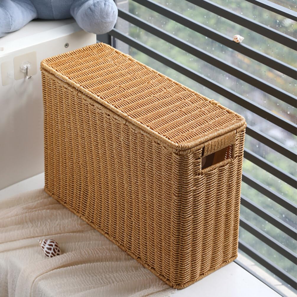 IMIKEYA Woven Wicker Basket Box with Lid Narrow Holder Woven Magazine Basket Rattan Toys Organizer Decorative Storage Bin for Home Office Closet Decor