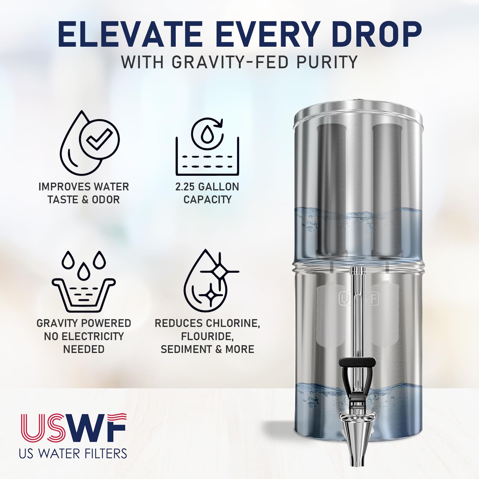 USWF Gravity Fed Water Filter System - 2.25 Gal Stainless Steel w/ 2 Carbon Filters, 2 Fluoride Filters, Portable Countertop Filtration System, Metal Sight Glass Spigot, Stand, NSF/ANSI 372 Certified