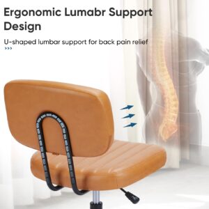 Armless Home Office Desk Chair -Small Ergonomic with Low Back Lumbar Support, Height Adjustable PU Leather Computer Task with 360° Swivel Rolling Wheels, for Small Space, Brown