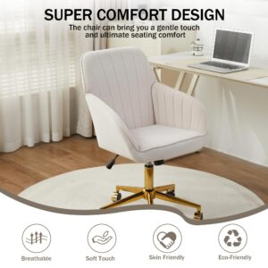 YISHENG Velvet Home Office Chairs with Gold Base Upholstered Tufted Modern Height Adjustable 360 Degree Swivel Desk Chairs with Wheels, Vanity Chairs for Living Room, Bedroom,Study Room (Cream)