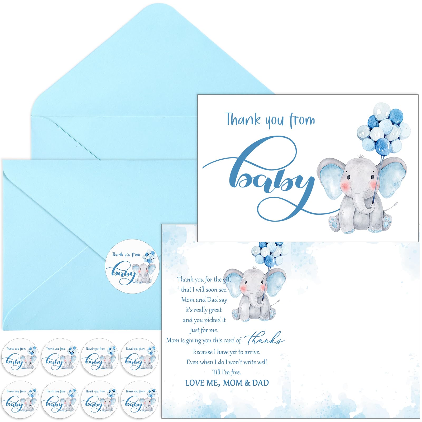 Zhanmai 50 Sets Baby Shower Thank You Cards Elephant Themed 50 Baby Shower Thank You Notes with 50 Envelopes and Stickers Baby Shower Card Baby Gift Boy Card for Baby Shower Gender Reveal Party (Blue)