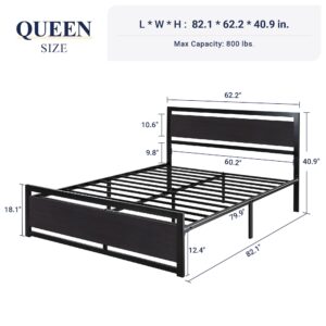 Allewie Queen Bed Frame with Headboard, Heavy Duty Metal Platform Bed Frame with Strong Support, Under Bed Storage, Stable Mattress Foundation, No Box Spring Needed, Black