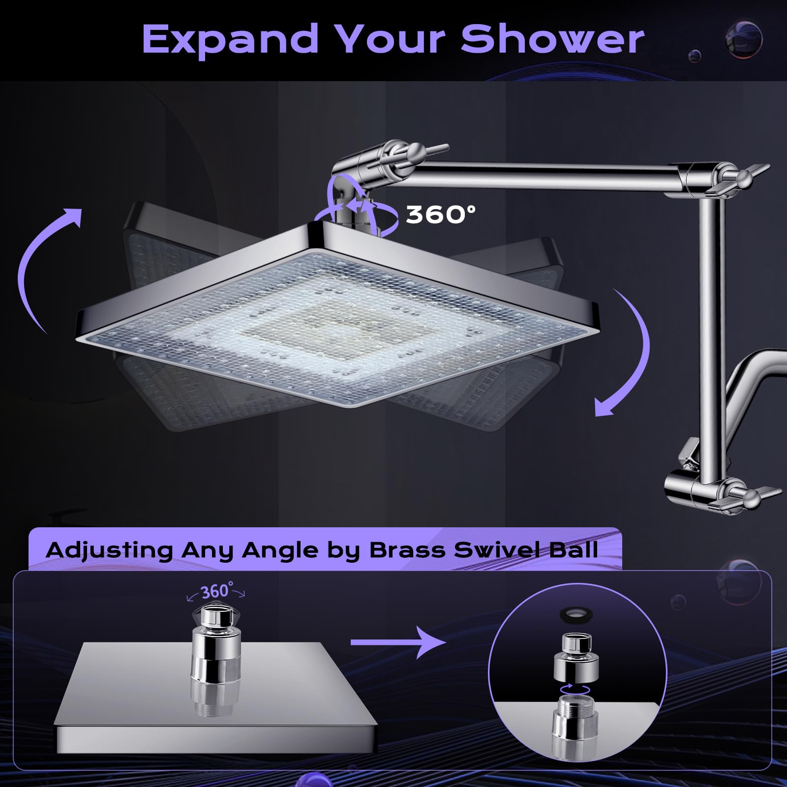 PinWin Shower Head, 8'' LED Rain Shower Head with 16'' Adjustable Extension Arm, Rainfall Style Water Spray, LED Shower Head Water Temperature Controlled Color Changing,Chrome