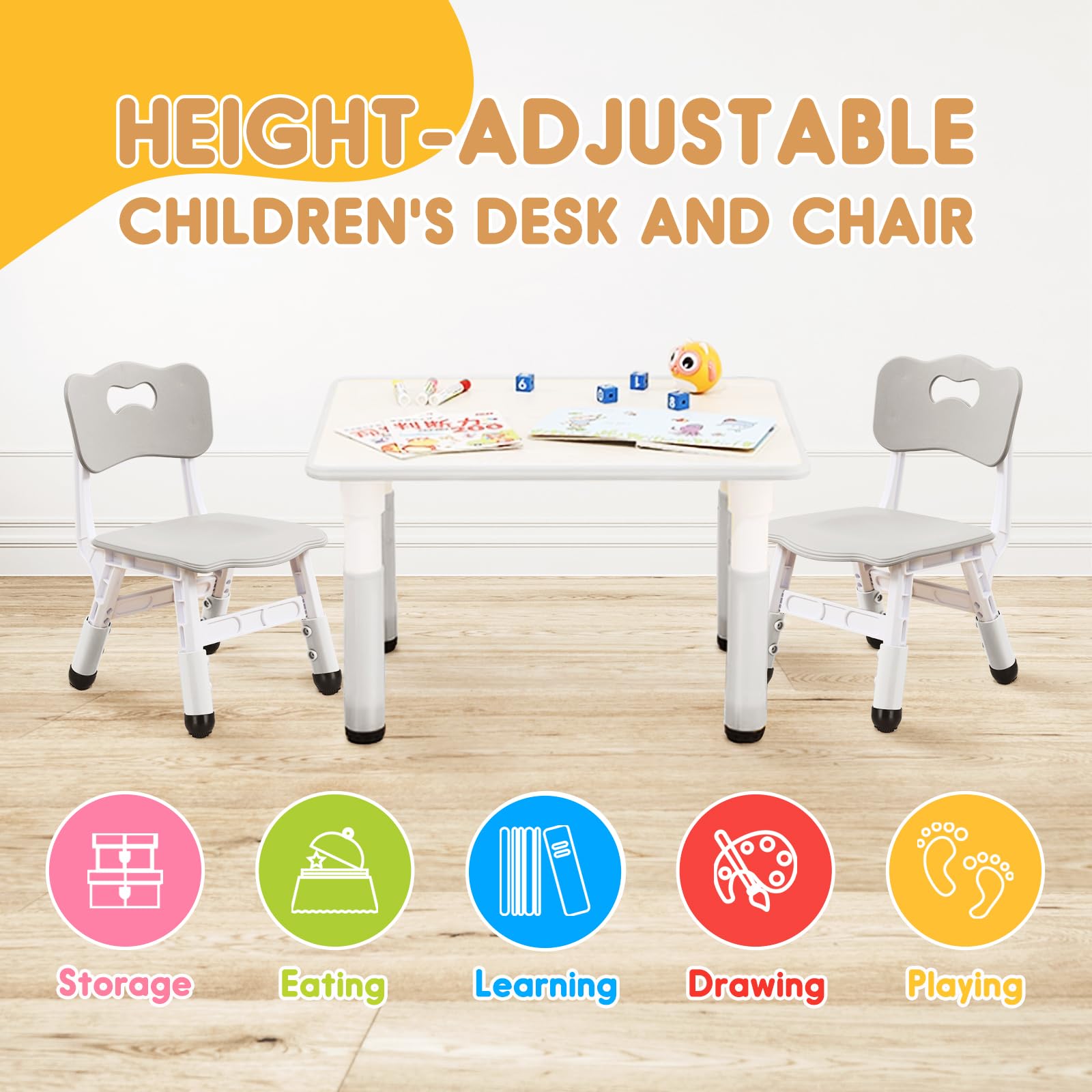 JIAOQIU Adjustable Kids Table and Chairs Set Toddler Table and Chairs Kids Table and Chair Set Kids Table and Chair Set 5-8 Year Old Toddler Table and Chair Set with Non-Slip Table Legs&Organizer