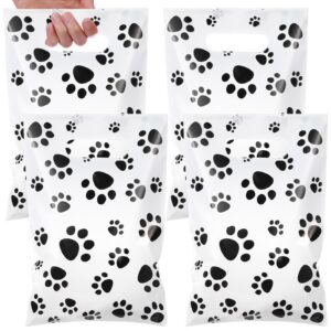 pasimy 100 pcs paw gift bags bulk pet plastic treat bags paw print favor bags with handle dog paw candy bags puppy dogs goodie bags paw printed treat bags for dog birthday party supplies (white)