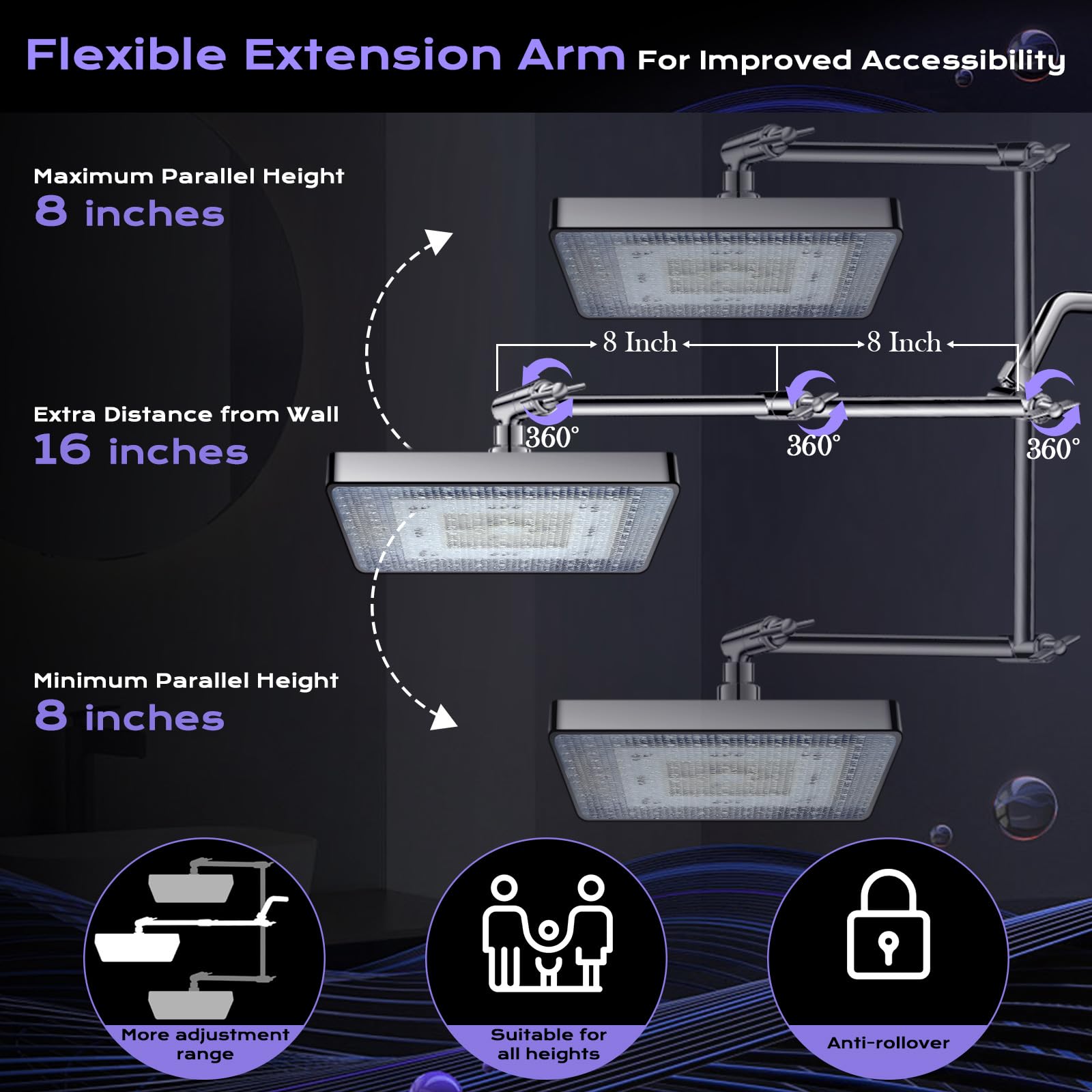 PinWin Shower Head, 8'' LED Rain Shower Head with 16'' Adjustable Extension Arm, Rainfall Style Water Spray, LED Shower Head Water Temperature Controlled Color Changing,Chrome