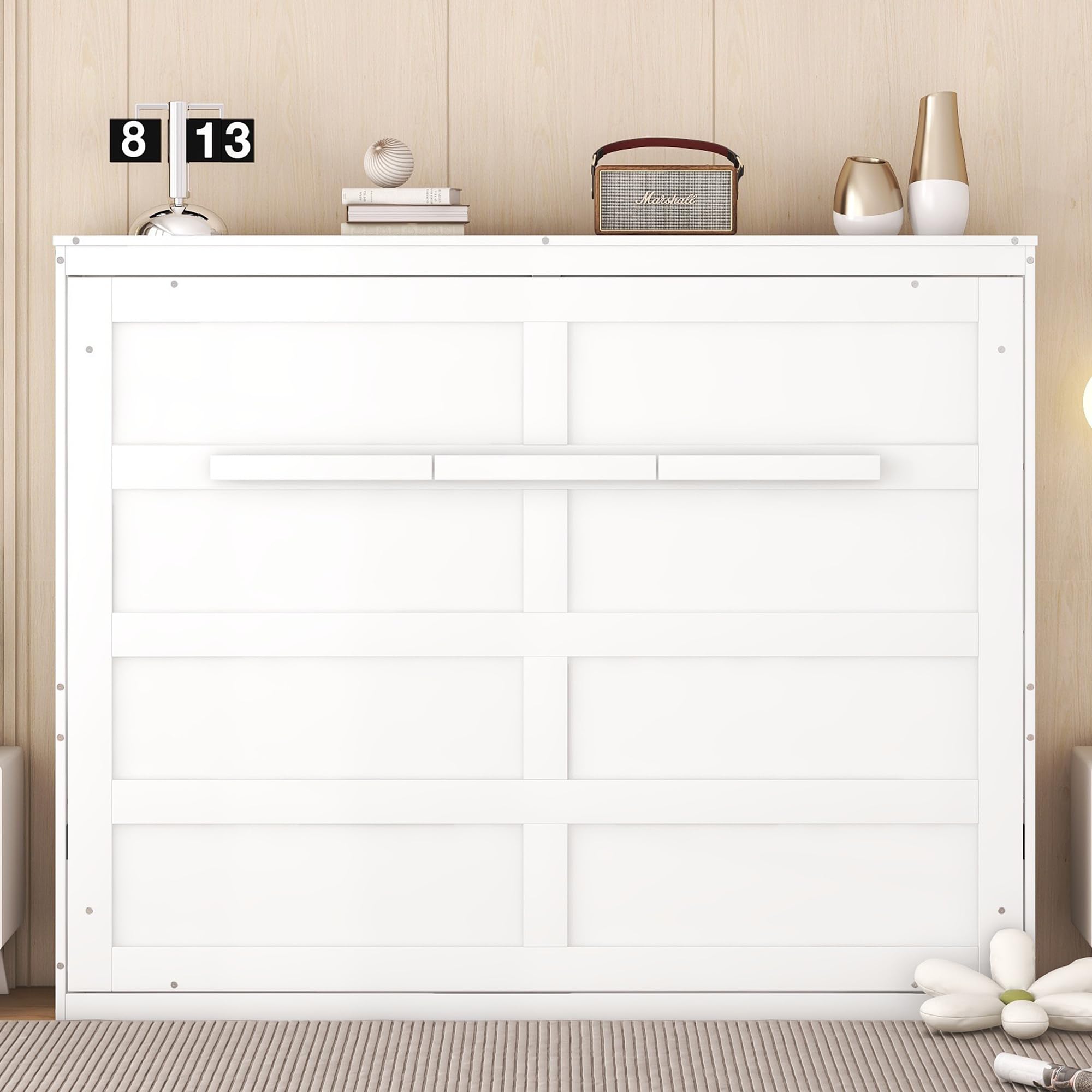 Merax Modern Farmhouse Solid Wood Murphy Bed Chest/Space Saving/Wood Slat Support/Full,White