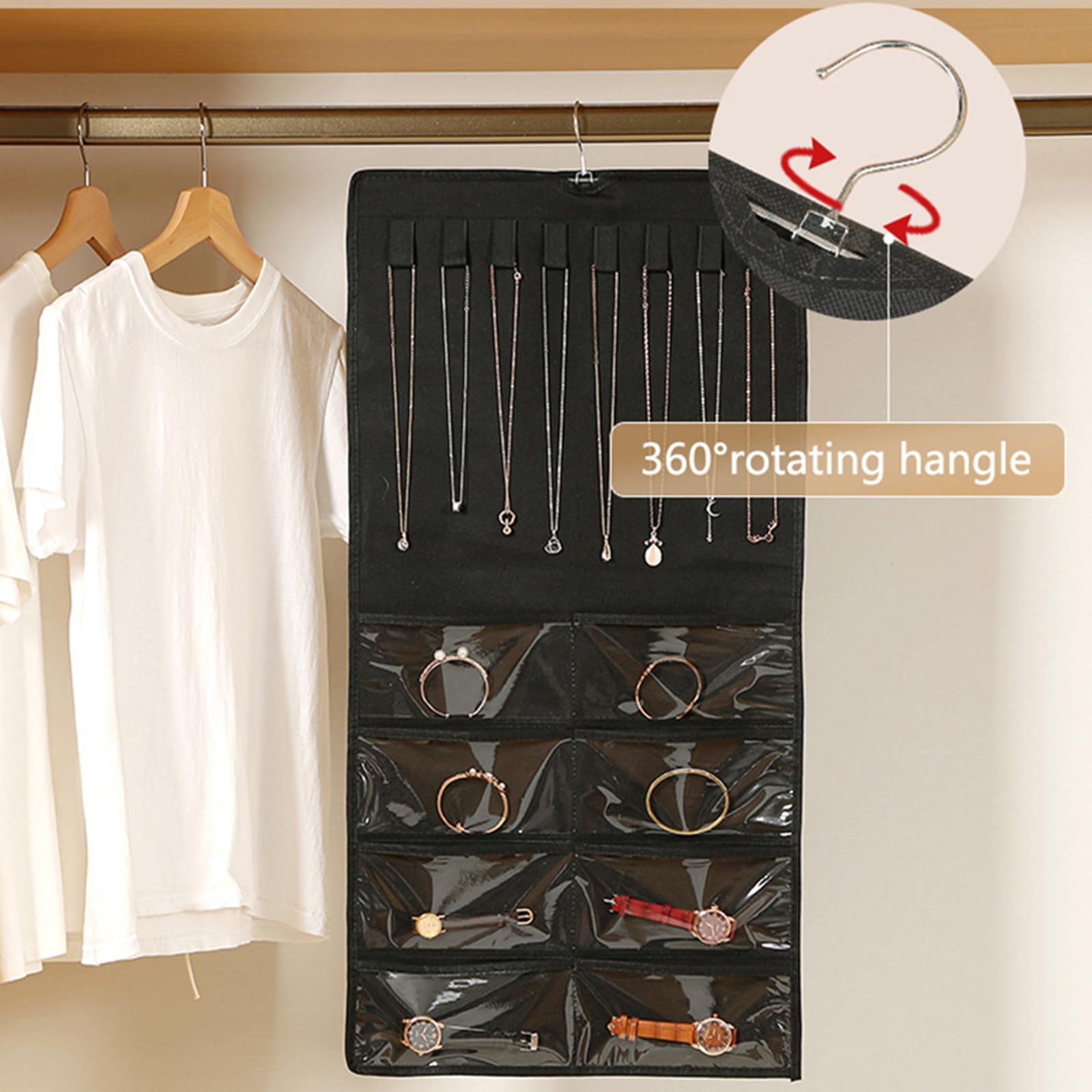 Double-Sided Hanging Jewelry Organizer with 48 Pockets and 8 Hooks – Versatile Accessories Holder for Earrings, Necklaces, Rings, Glasses – Wall, Door, or Closet Mounted Jewelry Hanger.