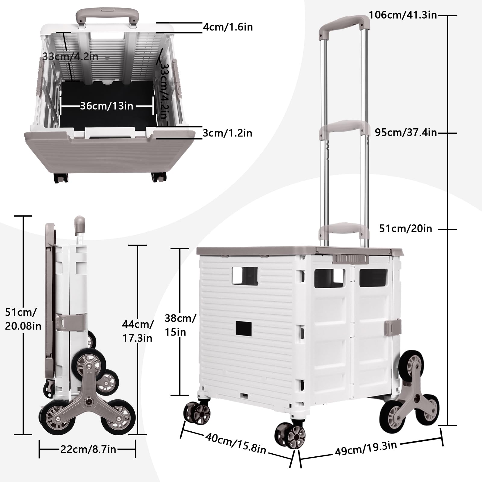 Foldable Utility Cart Portable Crate Rolling Dolly with Telescopic Handle,Can be Pulled diagonally, Magnetic Retractable Lid, 360°Swivel Climbing Wheels for Shopping Carrying Groceries Move White