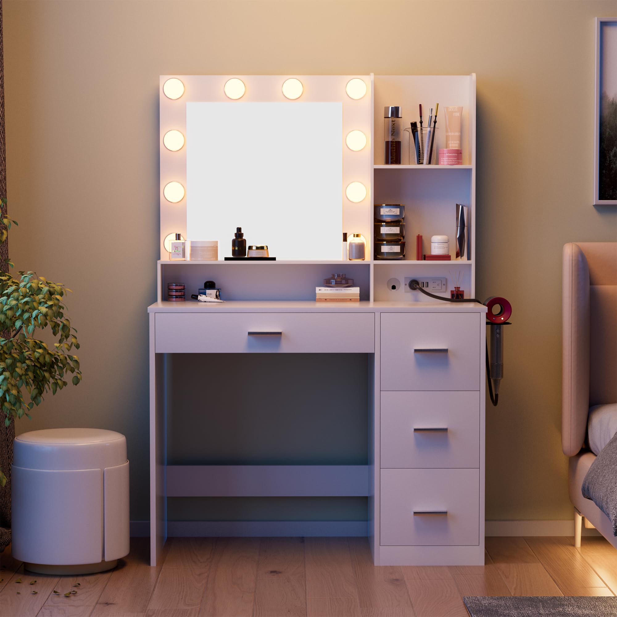 JUMMICO 39.3'' Vanity Desk with LED Lighted Mirror &Power Outlet, Makeup Vanity Table with 4 Large Drawers and 3 Storage Shelves, 3 Model Adjustable Lights for Bedroom & Dressing Room (White)