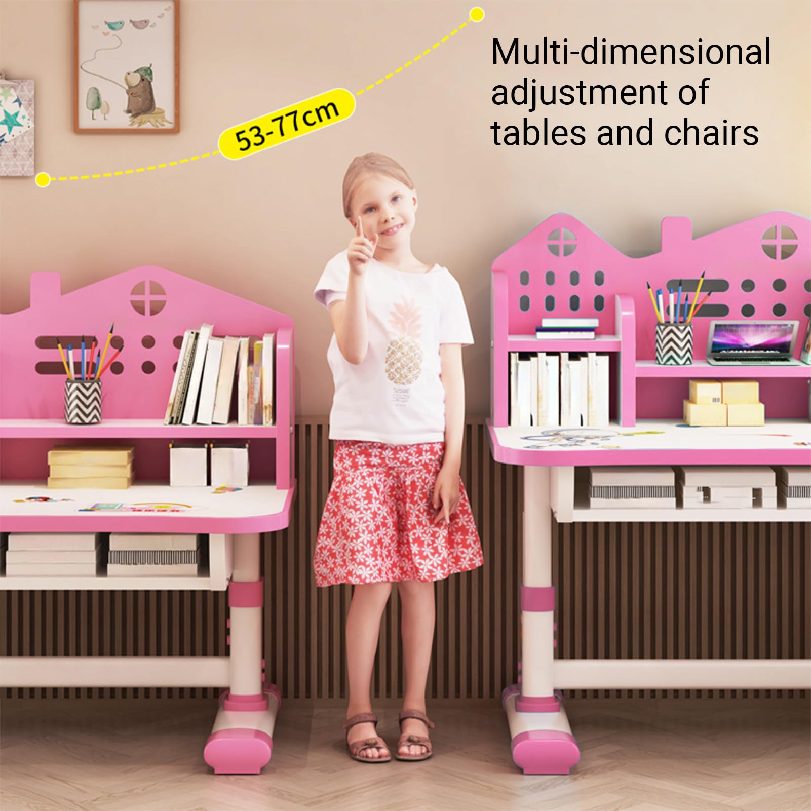 Kids Desk and Chair Set, Height Adjustable Children Study Desk, Golden Distance Preventing Myopia Design, Children Study Desk with Spacious Storage Drawer for Boys Girls School Home Study Tool (Pink)