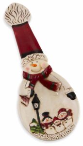 boston international christmas kitchen spoon rest ceramic utensil holder for countertop & stovetop, 3.5" x 10", jolly snowman