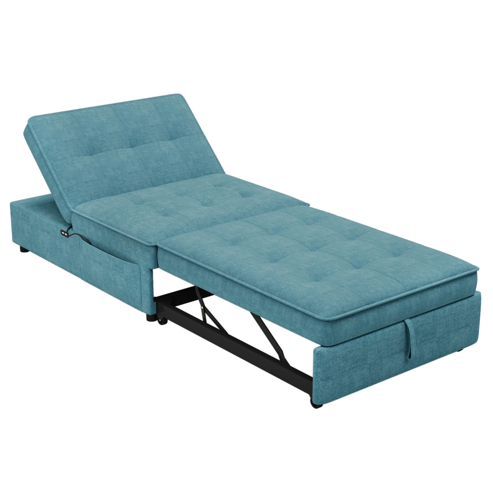 4-in-1 Sofa Bed Chair Multi-Function Folding Ottoman Bed with Storage Pocket and USB Port, Convertible Lounge Sofa Chairs for Living Room, Bedroom (Teal)