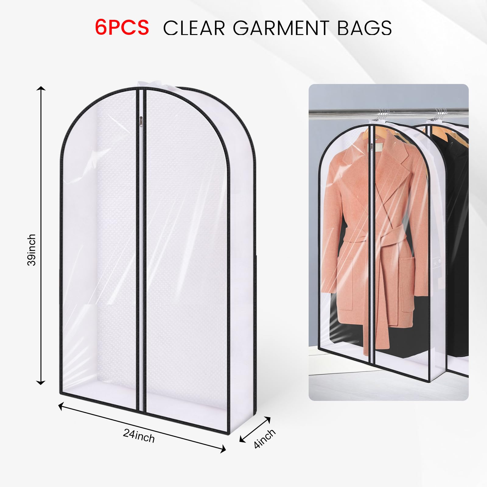 JOHOUSE Garment Bags for Hanging Clothes, 40inch Clear Dress Suit Coats Jackets Shirts Hanging Clothes Storage for Closet Storage and Travel，6PCS