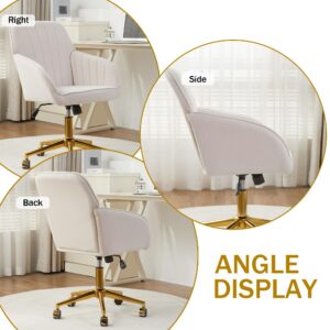 YISHENG Velvet Home Office Chairs with Gold Base Upholstered Tufted Modern Height Adjustable 360 Degree Swivel Desk Chairs with Wheels, Vanity Chairs for Living Room, Bedroom,Study Room (Cream)