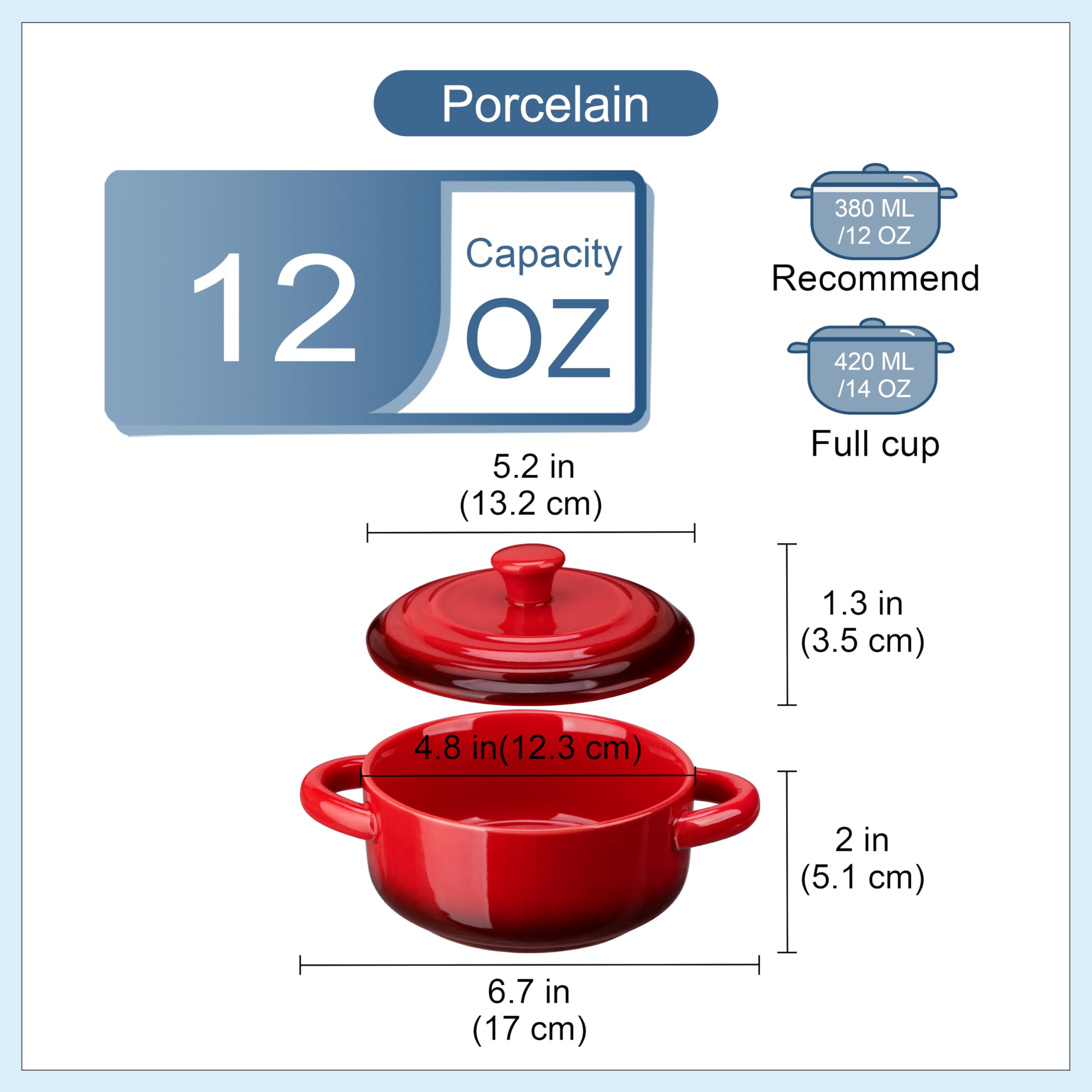 LOVECASA Mini Cocotte Set,12 OZ Small Casserole Dishes with Lids, Soup Bowls With Handles,Individual Baking Ramekins,Oven, Microwave & Dishwasher Safe,Set of 4,Red