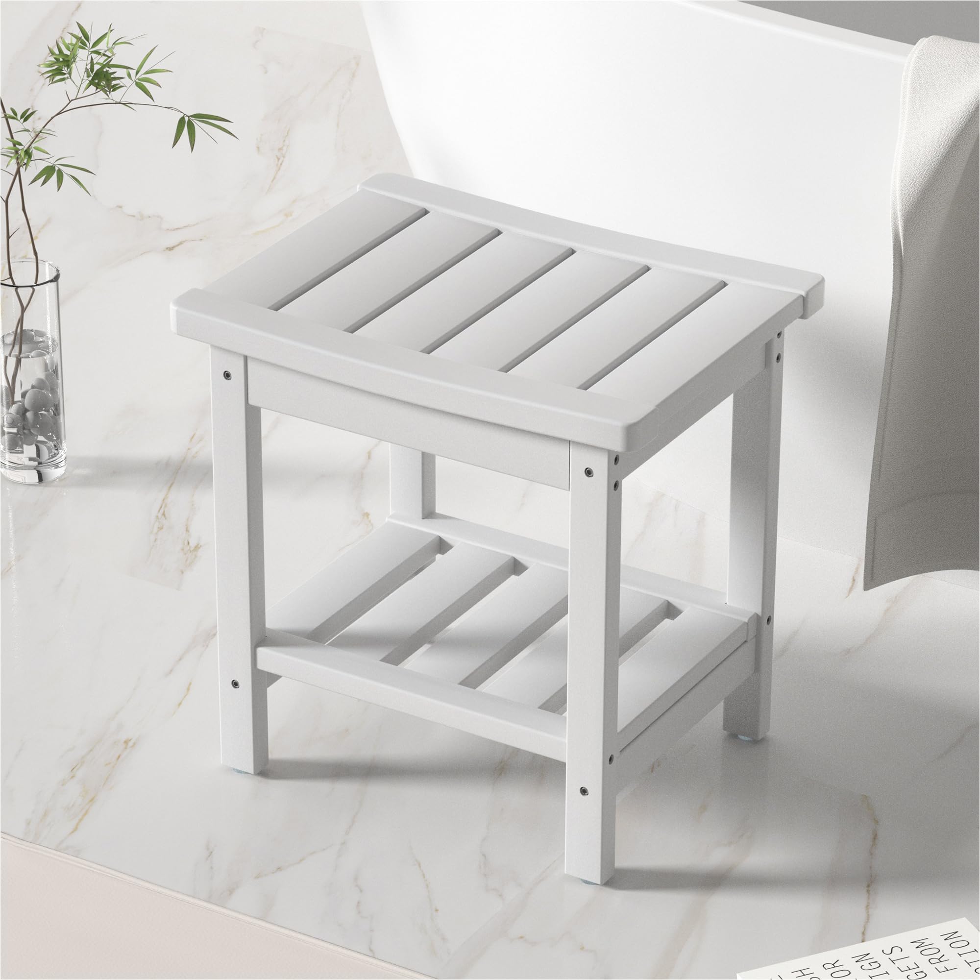 Zoopolyn HDPE Shower Bench Seat Waterproof Poly Shower Stool Chair for Inside Shower with Storage Shelf for Bathroom Indoor Outdoor Use White