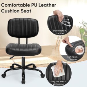 DUMOS Armless Home Office Desk Chair -Small Ergonomic with Low Back Lumbar Support, Height Adjustable PU Leather Computer Task with 360° Swivel Rolling Wheels, for Small Space, Black