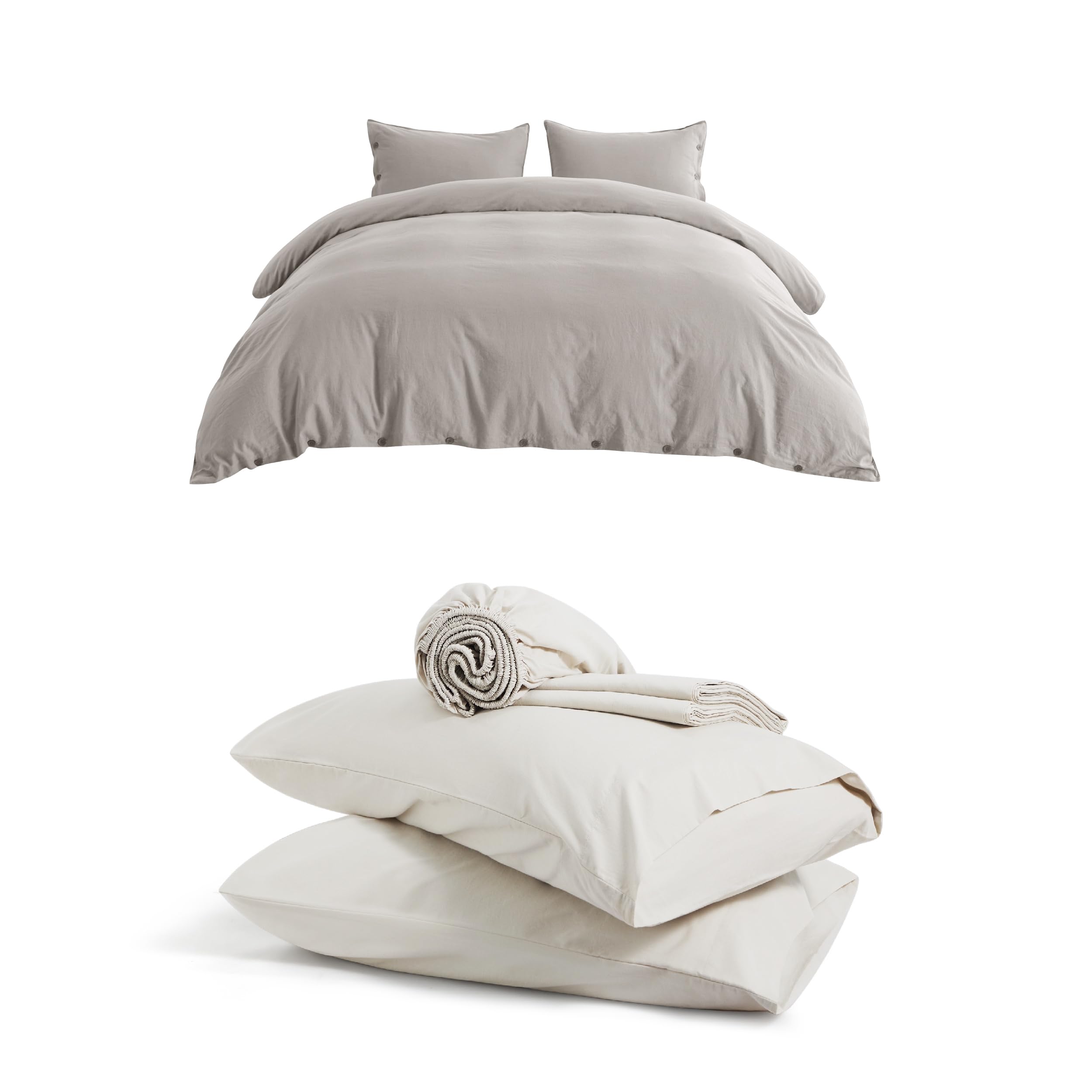 Bedsure Bundle of Linen Cotton Blend Duvet Cover Set and 100% Cotton Sheet Set, Queen Size