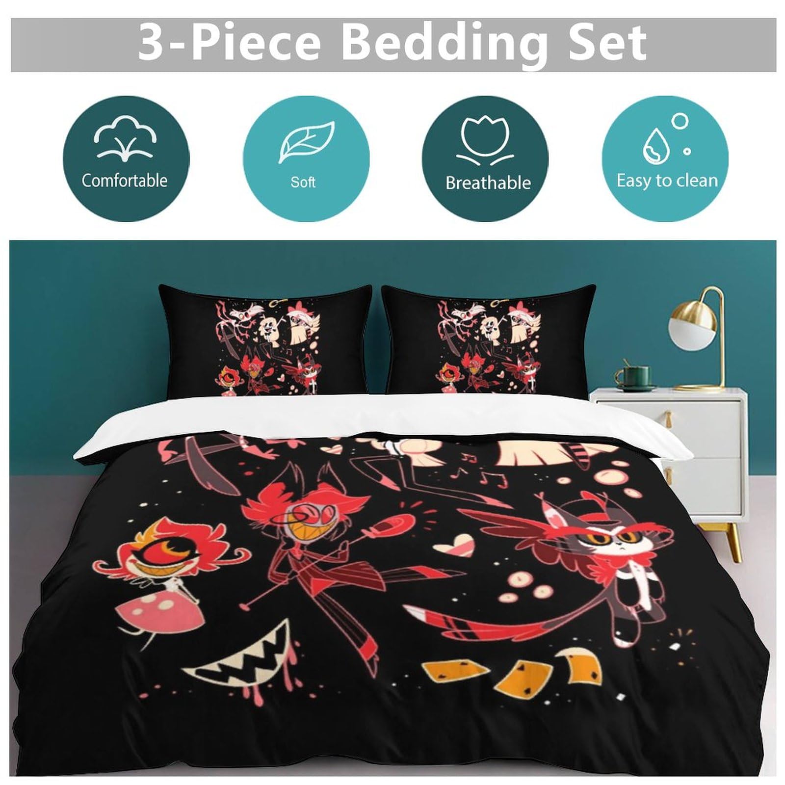 Mziubiy Hazbin Hotel 3-Piece Bedding Set Soft Printing Quilt Cover 1 Duvet Cover + 2 Pillow Cases 86"x70"