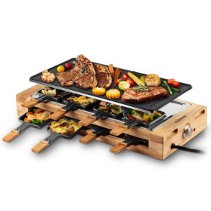 indoor grill, cusimax raclette table grill, 1500w electric grill korean bbq grill with 2 in 1 reversible non-stick plate/wooden base, party grill with 8 trays & wooden spatulas, new model