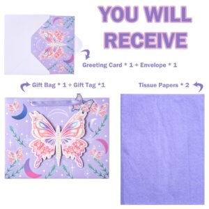 WRAPAHOLIC 13" Large Gift Bag with Card and Tissue Paper - Purple Butterfly Design for Birthday, Mother's day, Baby Shower, Party