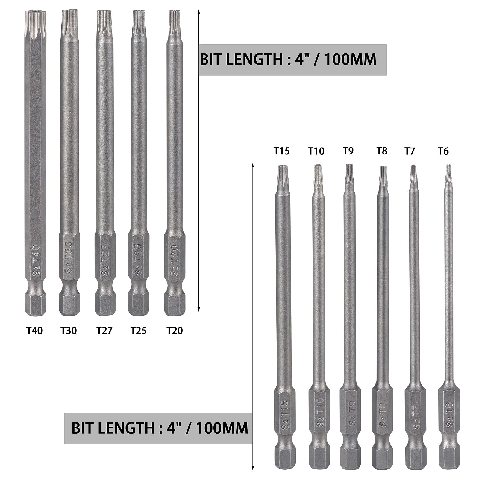 YDLQWCZ Torx Bit Set 11 Piece 4 Inch long Security Tamper Proof Star Bit Set S2 Steel 1/4" Hex Shank T6-T40 Magnetic Impact Driver Drill Bits