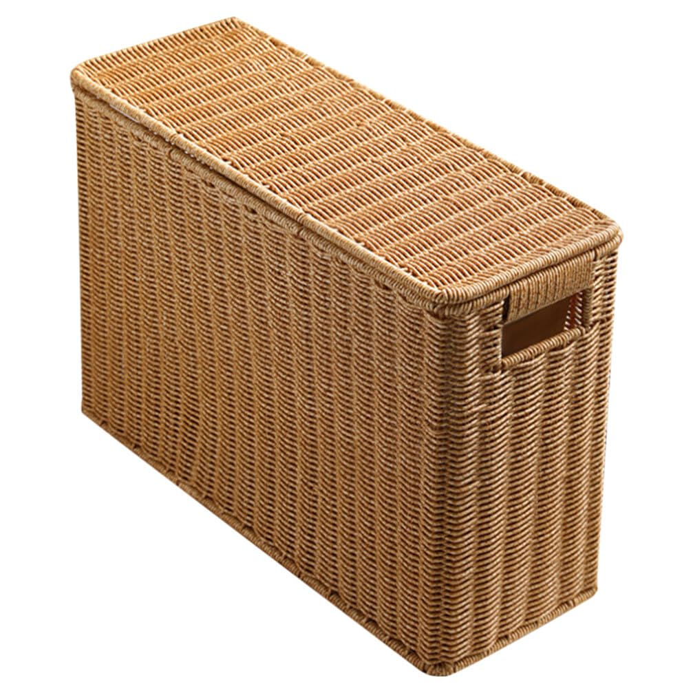 IMIKEYA Woven Wicker Basket Box with Lid Narrow Holder Woven Magazine Basket Rattan Toys Organizer Decorative Storage Bin for Home Office Closet Decor