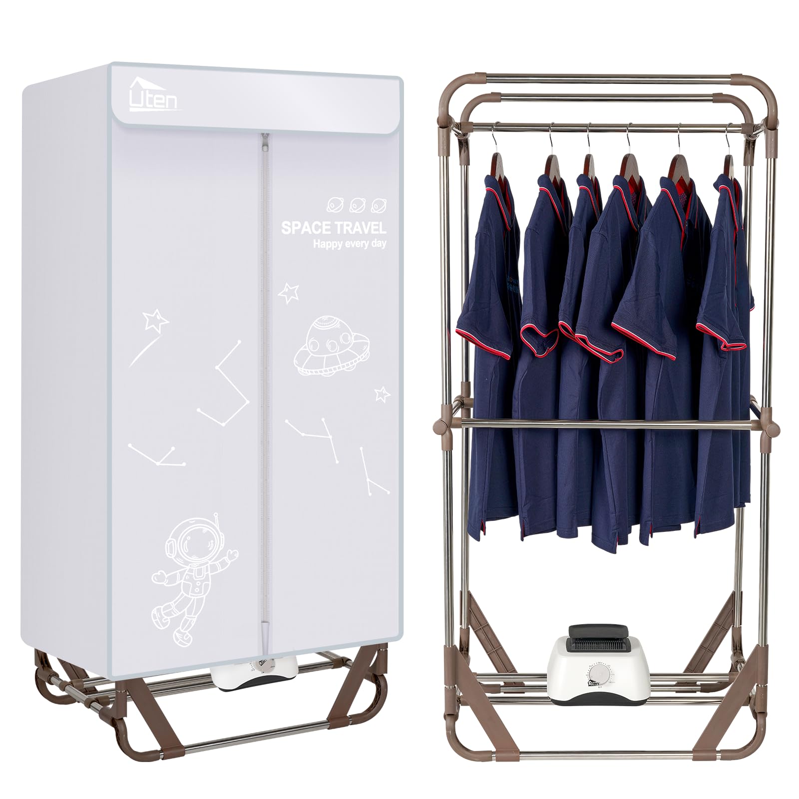 Uten Clothes Dryer, 1500W Power Electric Clothes Dryer Machine with Timer, 2-Tier Laundry Drying Wardrobe, Foldable Clothes Drying Rack and Dryer for Travel, Apartments, RV, Home