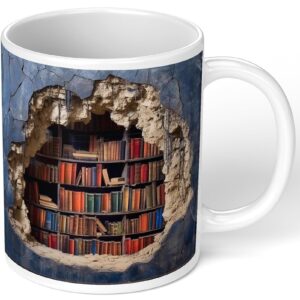 paoeiov 3d bookshelf mug | library shelf cup 11 oz | creative space design multi-purpose ceramic mug, book lovers coffee mug, cool birthday christmas gifts for readers, blue