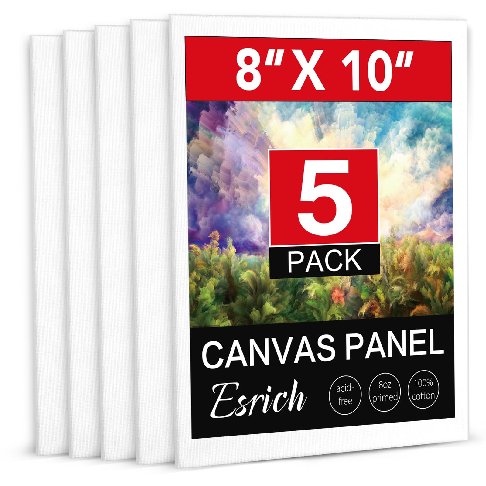 ESRICH Canvas Boards for Painting, 5 Pack Canvases for Painting 8x10 Cotton Primed Acid Free Blank Canvas Panels for Oil Paint, Watercolor, Acrylic Paint, Gouache and Tempera.