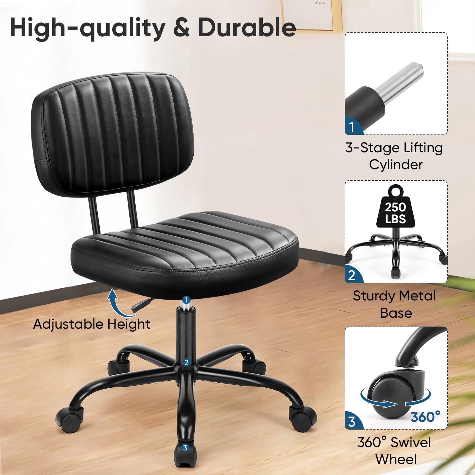 DUMOS Armless Home Office Desk Chair -Small Ergonomic with Low Back Lumbar Support, Height Adjustable PU Leather Computer Task with 360° Swivel Rolling Wheels, for Small Space, Black