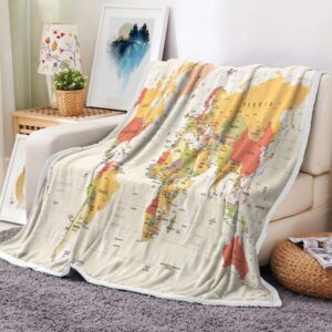 world map beige fleece throw blanket for couch, sofa, map of world vintage topography educational college kids children bed travel camping blankets, geographical map throws and blankets, 50x60in