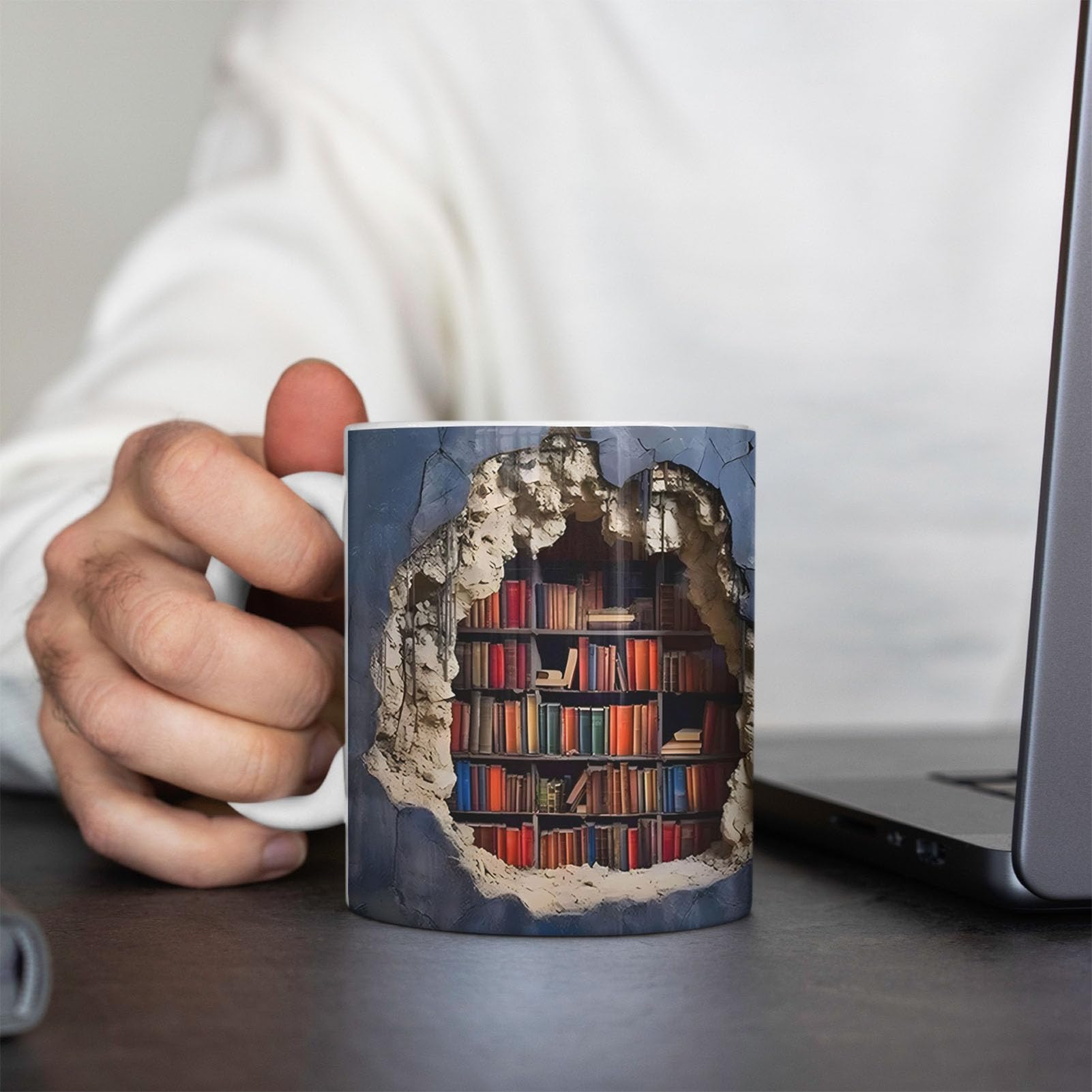 PAOEIOV 3D Bookshelf Mug | Library Shelf Cup 11 Oz | Creative Space Design Multi-Purpose Ceramic Mug, Book Lovers Coffee Mug, Cool Birthday Christmas Gifts for Readers, blue