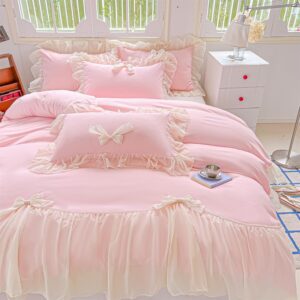 SOUKECHY Girls Lace Bedding,Queen Comforter Cover Set, Chic Ruffled Duvet Cover with Lovely Bow,Princess Style 1 Duvet Cover with 2 Pillowcases, No Comforter-Pink,Queen Size